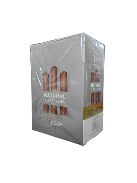 Front view of the Game Leaf Natural cigarillos box in dark brown and beige. These natural leaf wrapper cigarillos come in a wholesale 10-count box of 3-packs, perfect for retail counter displays.
