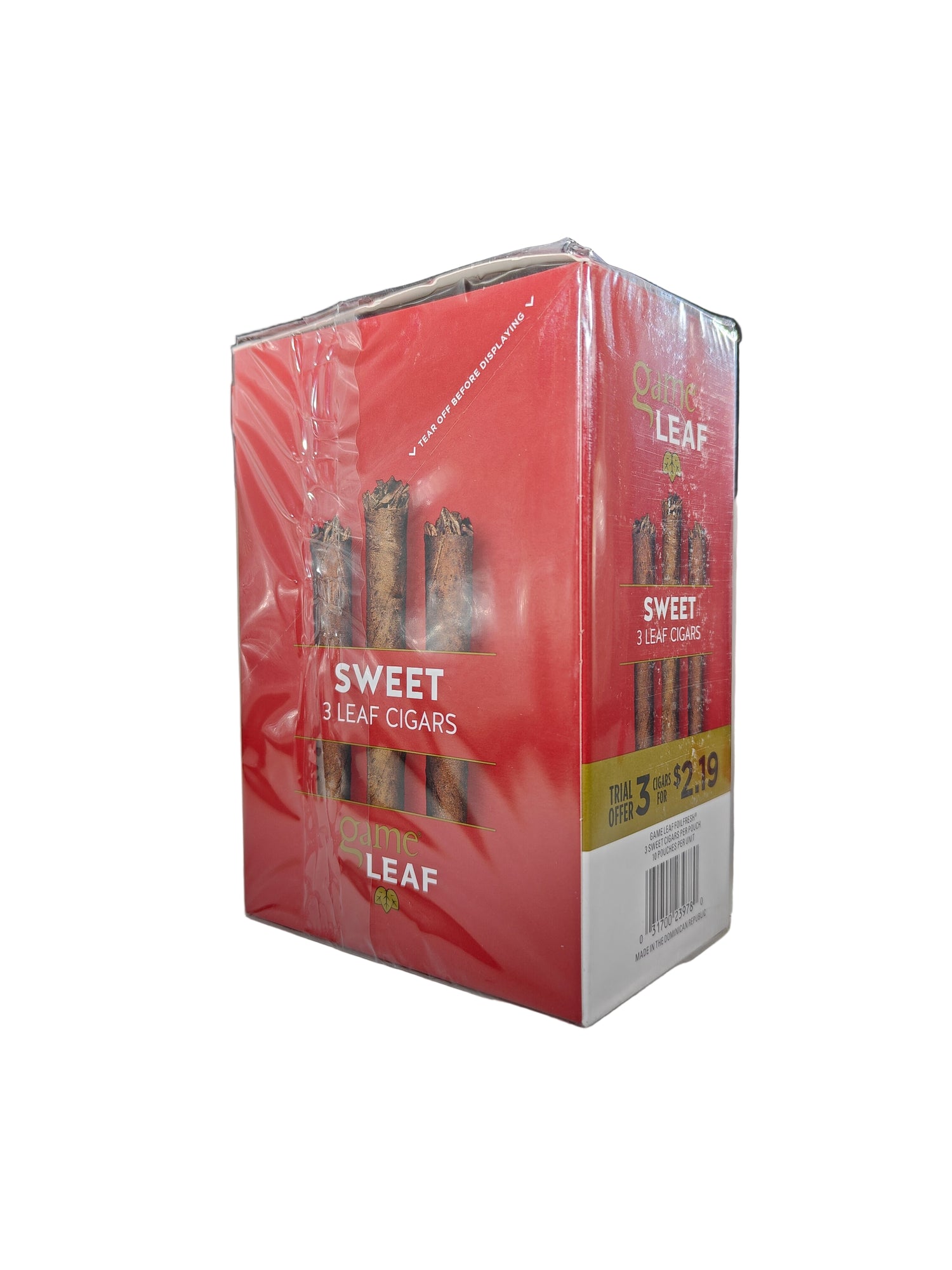Angled overhead view of the Game Leaf Sweet cigarillos box in light brown and orange. These natural leaf wrapper cigarillos come in a wholesale 10-count box of 3-packs, perfect for retail counter displays.