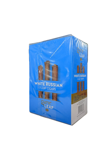 Angled view of the Game Leaf White Russian cigarillos box in creamy white and brown. These natural leaf wrapper cigarillos come in a wholesale 10-count box of 3-packs, perfect for retail counter displays.