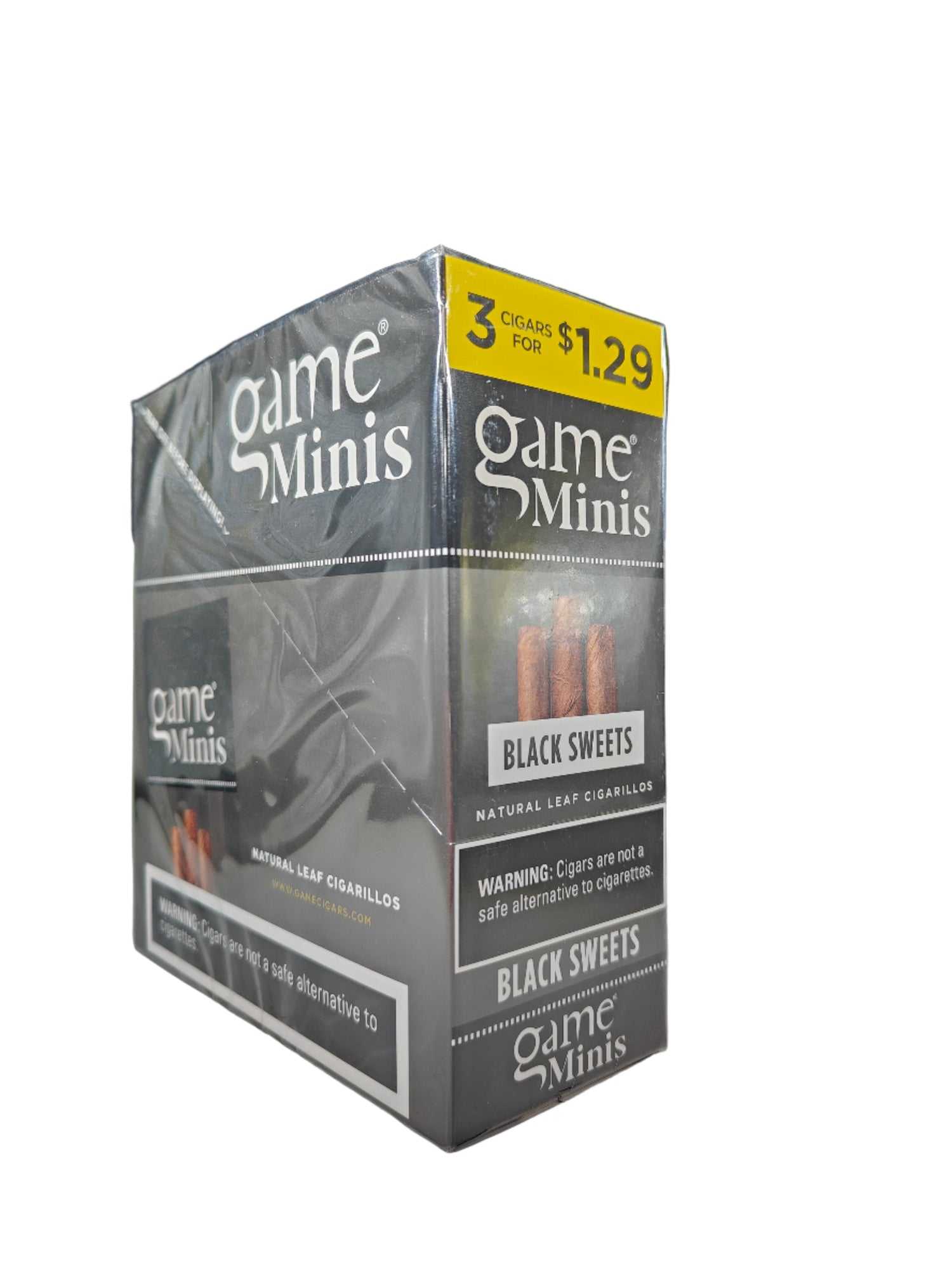 Front view of the Game Minis Black Sweets cigarillos box in dark black and brown. These natural leaf wrapper mini cigarillos come in a wholesale 15-count box of 3-packs, offering a quick, flavorful smoke perfect for retail counter displays.
