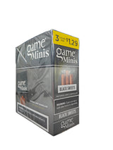 Front view of the Game Minis Black Sweets cigarillos box in dark black and brown. These natural leaf wrapper mini cigarillos come in a wholesale 15-count box of 3-packs, offering a quick, flavorful smoke perfect for retail counter displays.