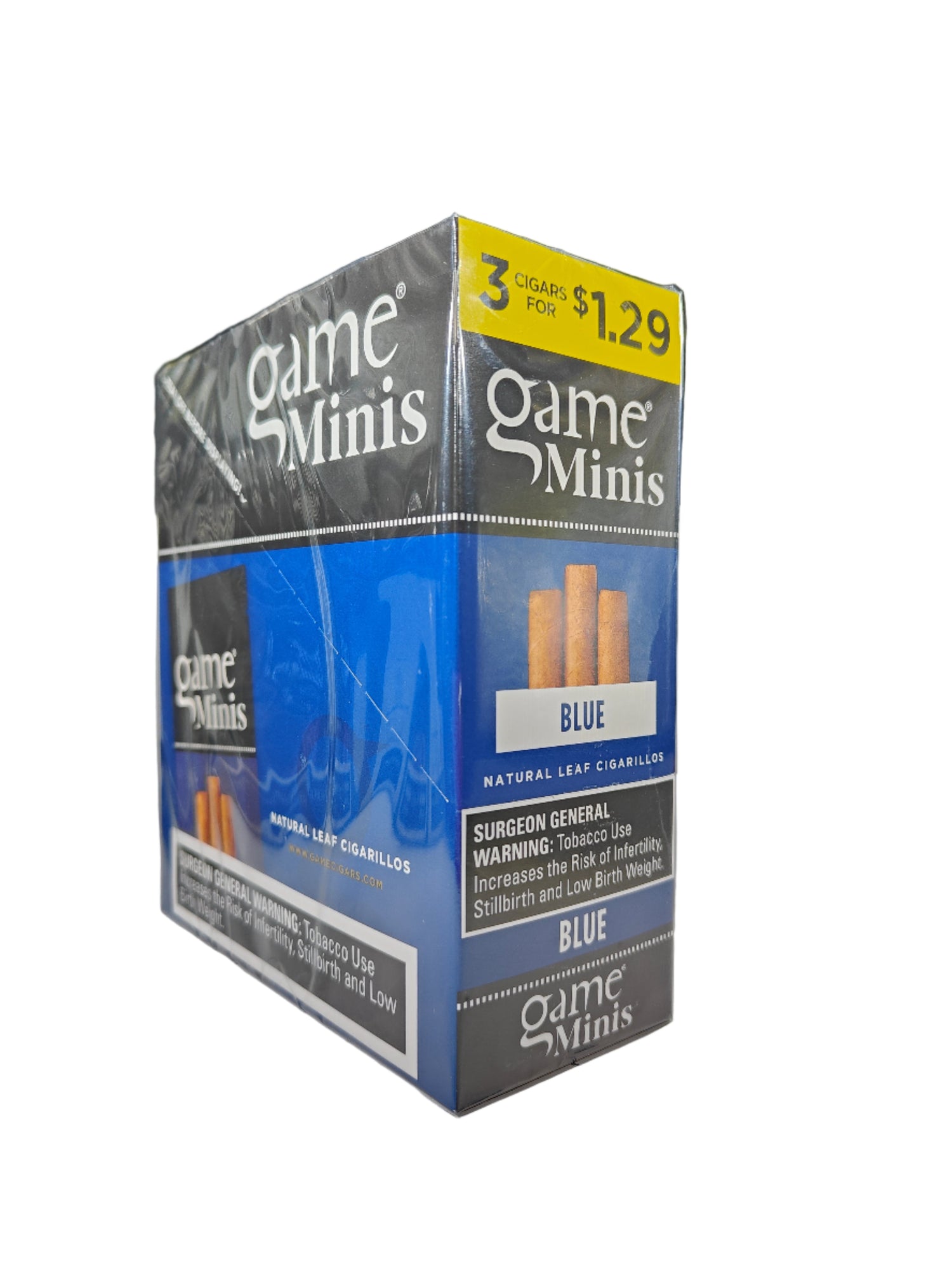 Angled front view of the Game Minis Blue cigarillos box in deep blue and brown. These natural leaf wrapper mini cigarillos come in a wholesale 15-count box of 3-packs, offering a quick, flavorful smoke perfect for retail counter displays.