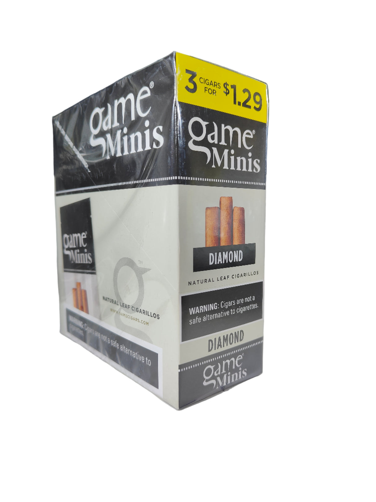 Front view of the Game Minis Diamond cigarillos box in icy silver, white, and brown. These natural leaf wrapper mini cigarillos come in a wholesale 15-count box of 3-packs, offering a quick, flavorful smoke perfect for retail counter displays.