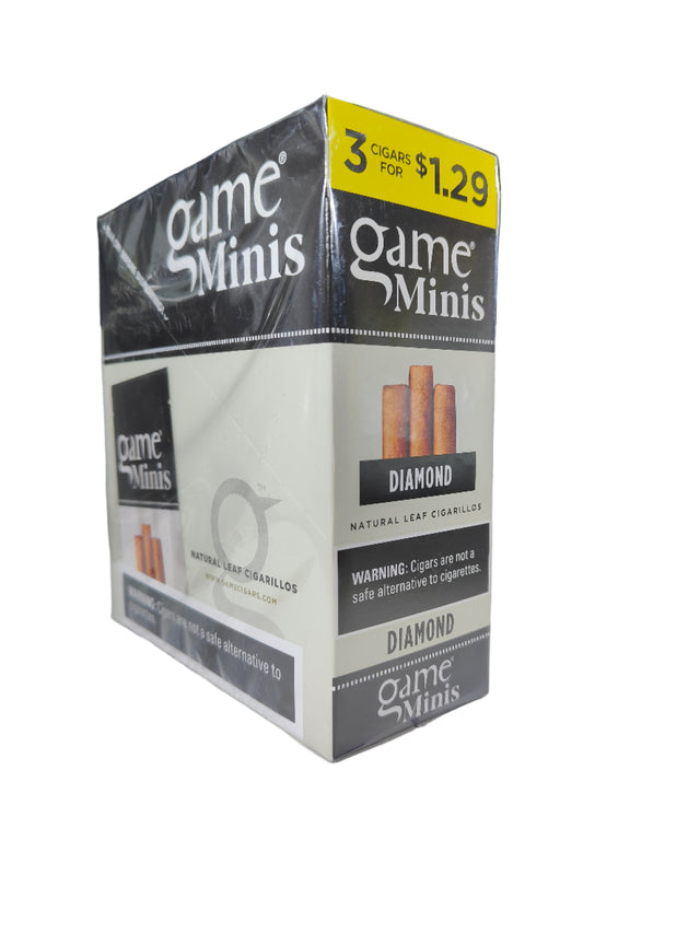Front view of the Game Minis Diamond cigarillos box in icy silver, white, and brown. These natural leaf wrapper mini cigarillos come in a wholesale 15-count box of 3-packs, offering a quick, flavorful smoke perfect for retail counter displays.