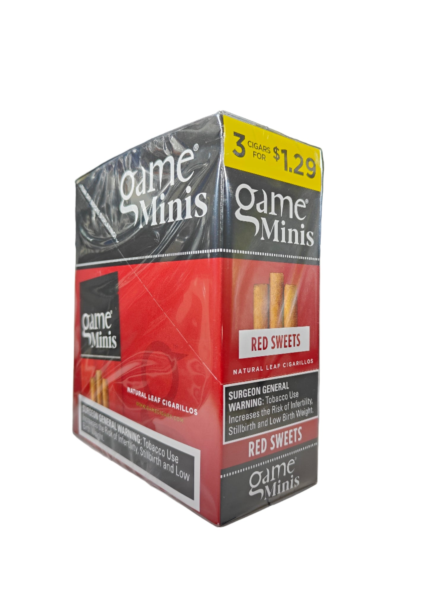 Angled overhead view of the Game Minis Red Sweets cigarillos box in classic red and brown. These natural leaf wrapper mini cigarillos come in a wholesale 15-count box of 3-packs, offering a quick, flavorful smoke perfect for retail counter displays.