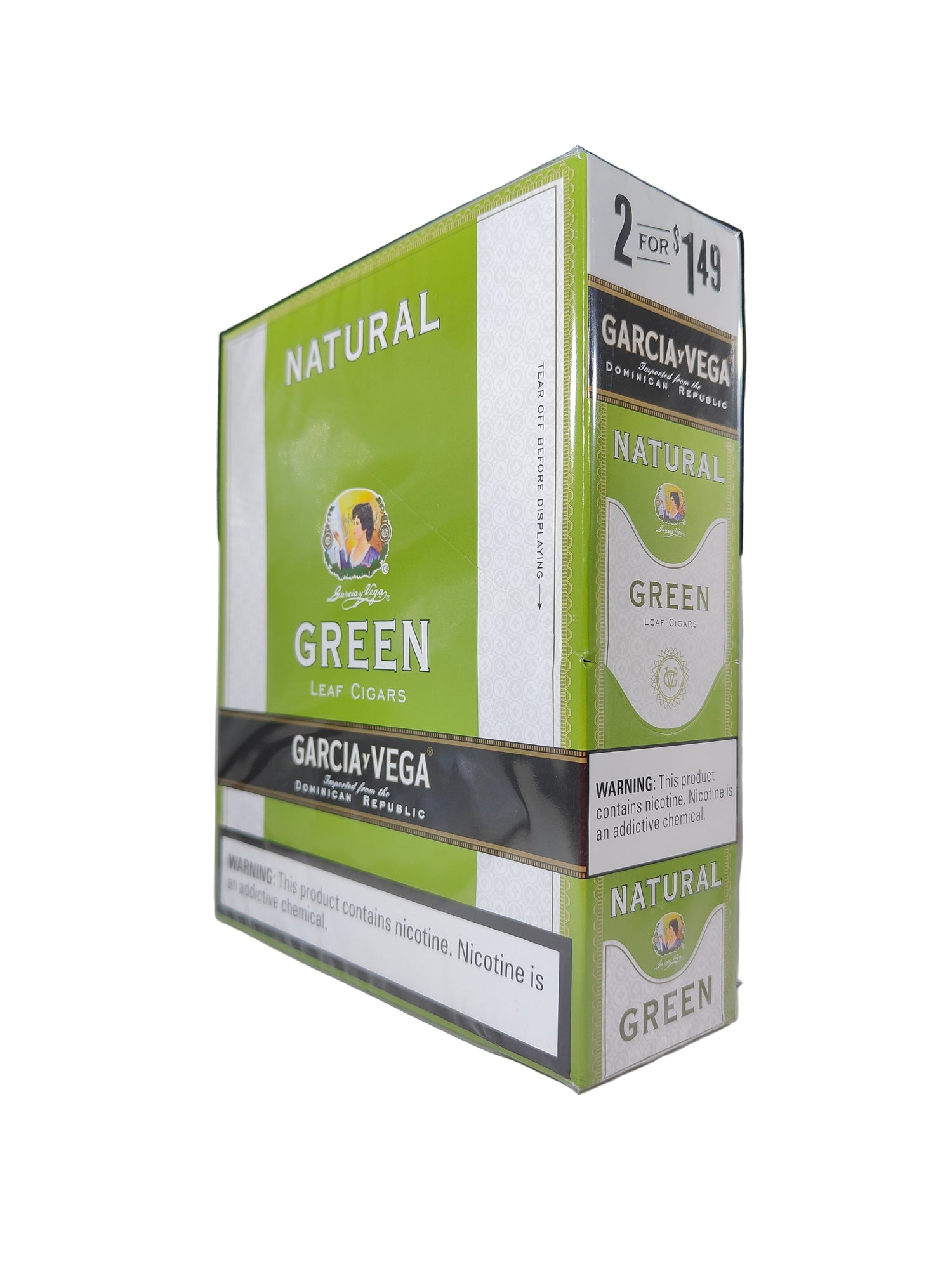 Front view of the Garcia y Vega Green cigars box in bright green and brown. These classic natural leaf cigars come in a wholesale 15-count box of 2-packs, offering a smooth, traditional smoke perfect for retail counter displays.