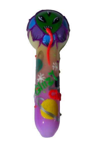 Front angled view of the 5-inch Glizzy Artistic Multi-Color Tube Pipe. This novelty hand pipe utilizes a high-density fired clay construction that serves as a rigid, heat-resistant barrier to actively dissipate thermal exhaust.