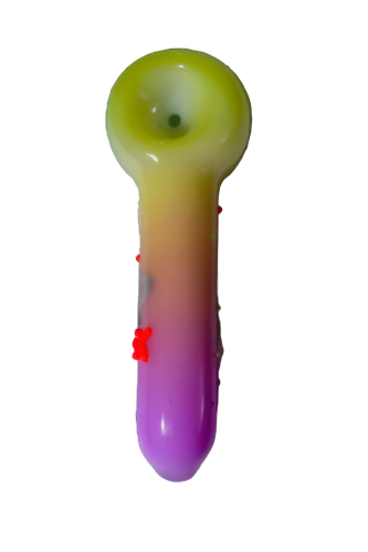Alternate angled view of the 5-inch Glizzy Artistic Multi-Color Tube Pipe displaying the integrated deep-dish ceramic basin. This opaque novelty pipe completely hides internal botanical residue from exterior view while providing flat-backed tabletop stability between active inhalations.