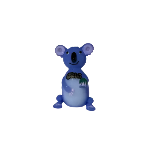 Front angled view of the 4-inch Glizzy Ceramic Koala Pipe in blue and white tones. This novelty animal-themed hand pipe utilizes a high-density fired clay construction that serves as a rigid, heat-resistant barrier to actively dissipate thermal exhaust.