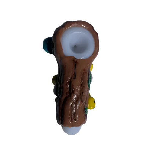Alternate angled view of the 5-inch Glizzy Ceramic Monkey Mushroom Pipe showing the integrated deep-dish ceramic basin and flat base. This opaque novelty pipe completely hides internal botanical residue from exterior view while providing flat-backed tabletop stability between active inhalations.