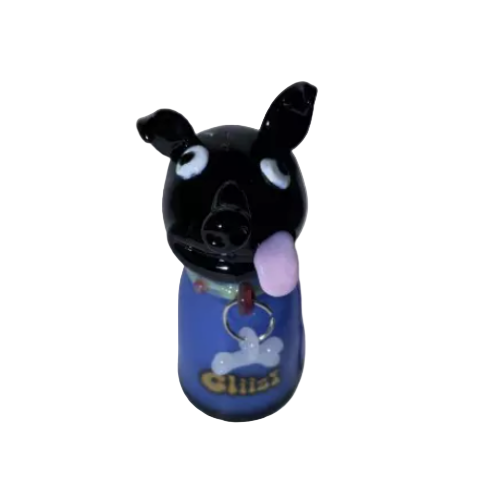 Front angled view of the 3.5-inch Glizzy Ceramic Pug Hand Pipe in black and blue colors. This compact animal-themed novelty pipe utilizes a high-density fired clay construction that serves as a rigid, heat-resistant barrier to actively dissipate thermal exhaust.