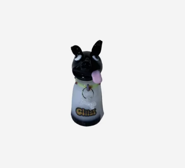 Front angled view of the 3.5-inch Glizzy Ceramic Pug Hand Pipe in black and grey colors. This compact animal-themed novelty pipe utilizes a high-density fired clay construction that serves as a rigid, heat-resistant barrier to actively dissipate thermal exhaust.