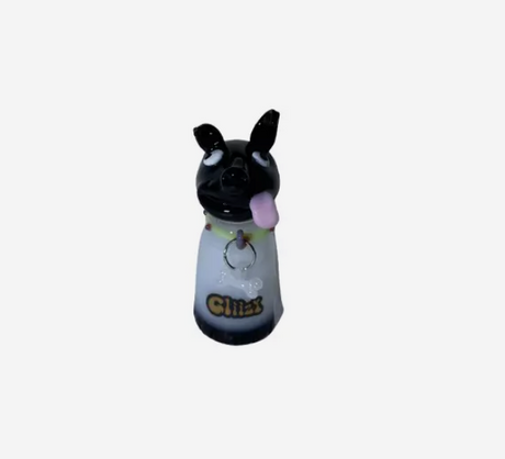 Front angled view of the 3.5-inch Glizzy Ceramic Pug Hand Pipe in black and grey colors. This compact animal-themed novelty pipe utilizes a high-density fired clay construction that serves as a rigid, heat-resistant barrier to actively dissipate thermal exhaust.