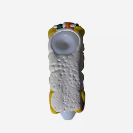 Alternate angled view of the 5-inch Glizzy Ceramic Sushi PSD Pipe in white, black, and coral pink. Designed to visually replicate a piece of Japanese sushi, this high-density ceramic pipe features a flat-backed tabletop stability design that physically prevents accidental ash spillage between active sessions.