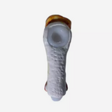 Front angled view of the 5-inch Glizzy Ceramic Tail Hand Pipe in. Designed to visually replicate a sculpted aquatic ocean tail, this novelty pipe features an integrated ceramic basin for processing unrefined botanical materials.