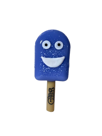 Front angled view of the 4.5-inch Glizzy Ceramic Taste Bud Ice Cream Pipe in a pastel blue glaze. Shaped exactly like a soft-serve ice cream cone, this novelty hand pipe features a high-density ceramic frame that structurally endures elevated combustion temperatures without warping.