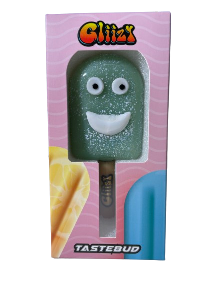 Front angled view of the 4.5-inch Glizzy Ceramic Taste Bud Ice Cream Pipe in a pastel milky green glaze. Shaped exactly like a soft-serve ice cream cone, this novelty hand pipe features a contoured grid pattern on the waffle cone base to naturally provide an ergonomic grip.