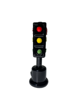 Front angled view of the 5-inch Glizzy Ceramic Traffic Light Pipe in opaque black. Designed directly after a classic intersection signal, this novelty pipe features an integrated ceramic basin for processing unrefined botanical materials.