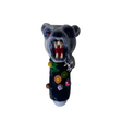 Front angled view of the 5-inch Glizzy Ceramic Wolf Hand Pipe in grey. Designed to visually replicate a poly-faceted canine predator, this novelty pipe features an integrated ceramic basin for processing unrefined botanical materials.