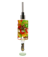 Front angled view of the Glizzy Syner Nectar Collector in bright colors with a fresh fruits pattern. This 6-inch glass dab straw features a thermal tip for directly vaporizing concentrates.