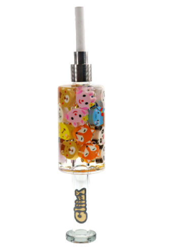 Front angled view of the Glizzy Syner Nectar Collector showcasing a pink and white Hello Kitty pattern. This 6-inch glass dab straw features a thermal tip for directly vaporizing concentrates.