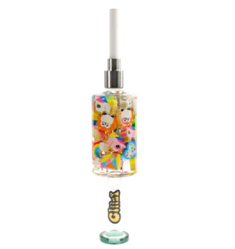 Front angled view of the Glizzy Syner Nectar Collector featuring a mixed animal print design. This 6-inch glass dab straw features a thermal tip for directly vaporizing concentrates.