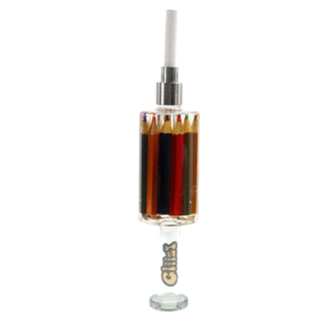Angled overhead view of the Glizzy Syner Nectar Collector styled in yellow, pink, and grey to mimic a classic pencil. This 6-inch glass dab straw features a thermal tip for directly vaporizing concentrates.