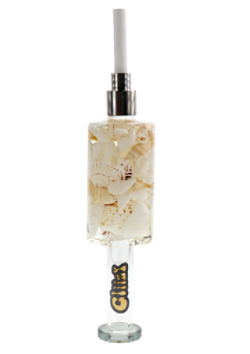 Front angled view of the Glizzy Syner Nectar Collector featuring a sea shell pattern. This 6-inch glass dab straw features a thermal tip for directly vaporizing concentrates.