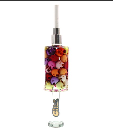 Top down view of the Glizzy Syner Nectar Collector featuring a black and white skull pattern. This 6-inch glass dab straw features a thermal tip for directly vaporizing concentrates.