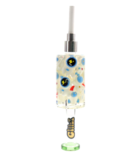 Top down view of the Glizzy Syner Nectar Collector highlighting a dark cosmic space pattern. This 6-inch glass dab straw features a thermal tip for directly vaporizing concentrates.