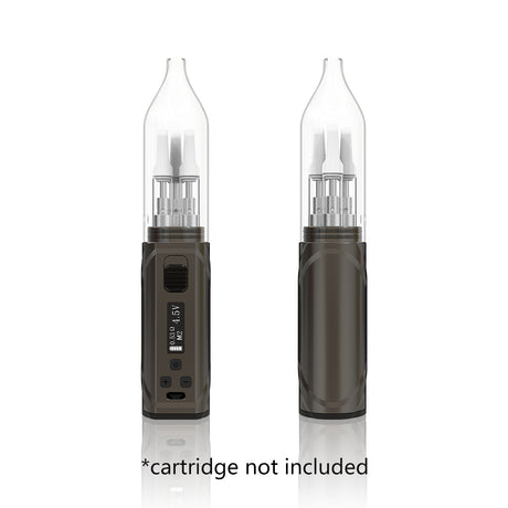Front view of the Hamilton Devices Jetstream vaporizer in sleek gunmetal. This innovative box-style mod features a self-propelling air pump that automatically blows vapor out of the mouthpiece, completely eliminating the need to inhale.