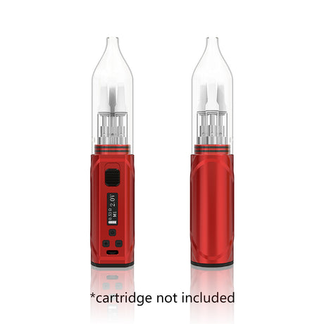 Front view of the Hamilton Devices Jetstream vaporizer in sleek red. This innovative box-style mod features a self-propelling air pump that automatically blows vapor out of the mouthpiece, completely eliminating the need to inhale.