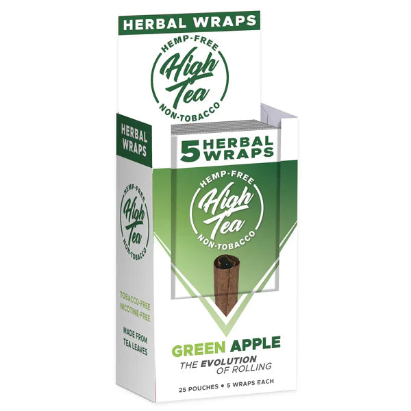 Front angled view of the High Tea Hemp-Free Herbal Wraps 25-count display carton in the green Green Apple flavor. These 100% hemp and tobacco-free herbal wraps are made from a blend of yerba mate, cacao, and chamomile leaves that maintain their shape during the packing process.