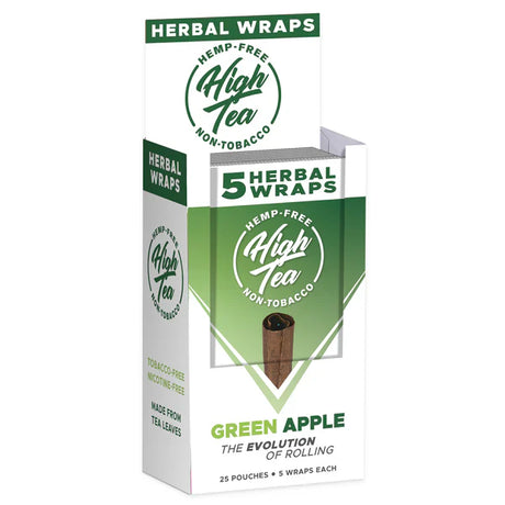 Front angled view of the High Tea Hemp-Free Herbal Wraps 25-count display carton in the green Green Apple flavor. These 100% hemp and tobacco-free herbal wraps are made from a blend of yerba mate, cacao, and chamomile leaves that maintain their shape during the packing process.