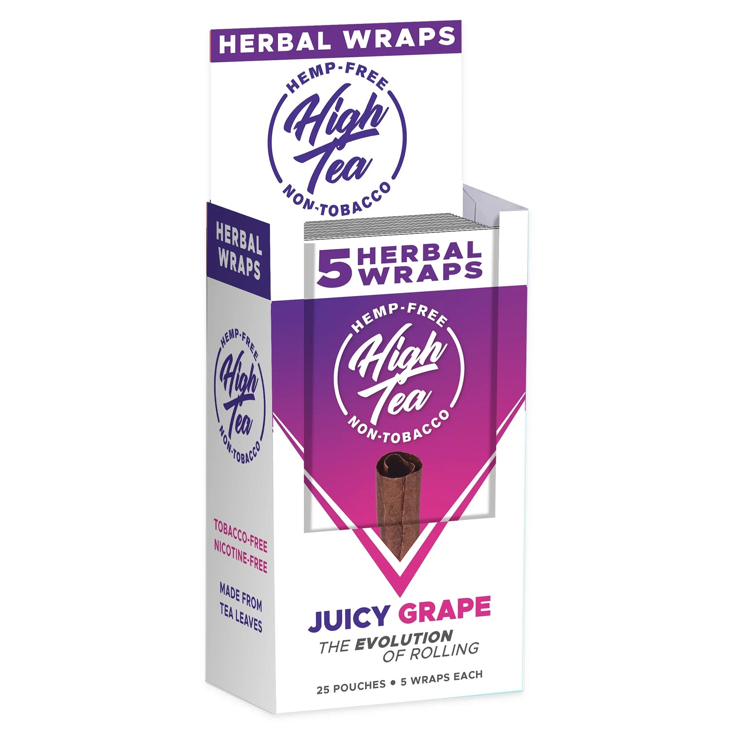 Front angled view of the High Tea Hemp-Free Herbal Wraps 25-count display carton in the purple Juicy Grape flavor. These 100% hemp and tobacco-free herbal wraps are made from a blend of yerba mate, cacao, and chamomile leaves that maintain their shape during the packing process.
