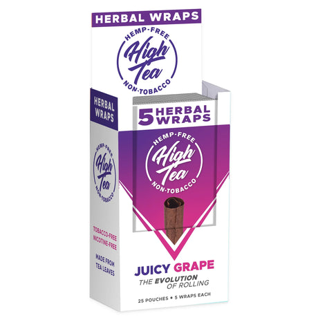 Front angled view of the High Tea Hemp-Free Herbal Wraps 25-count display carton in the purple Juicy Grape flavor. These 100% hemp and tobacco-free herbal wraps are made from a blend of yerba mate, cacao, and chamomile leaves that maintain their shape during the packing process.