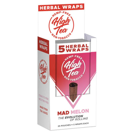 Front angled view of the High Tea Hemp-Free Herbal Wraps 25-count display carton in the red and green Mad Melon flavor. These 100% hemp and tobacco-free herbal wraps are made from a blend of yerba mate, cacao, and chamomile leaves that maintain their shape during the packing process.