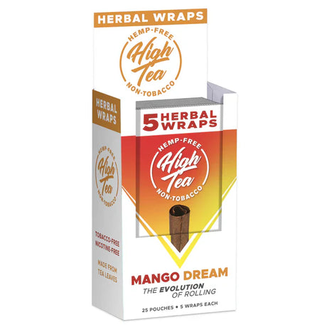 Front angled view of the High Tea Hemp-Free Herbal Wraps 25-count display carton in the yellow Mango Dream flavor. These 100% hemp and tobacco-free herbal wraps are made from a blend of yerba mate, cacao, and chamomile leaves that maintain their shape during the packing process.