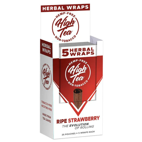 Front angled view of the High Tea Hemp-Free Herbal Wraps 25-count display carton in the red Ripe Strawberry flavor. These 100% hemp and tobacco-free herbal wraps are made from a blend of yerba mate, cacao, and chamomile leaves that maintain their shape during the packing process.