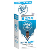 Front angled view of the High Tea Hemp-Free Herbal Wraps 25-count display carton in the blue Royal Sweets flavor. These 100% hemp and tobacco-free herbal wraps are made from a blend of yerba mate, cacao, and chamomile leaves that maintain their shape during the packing process.
