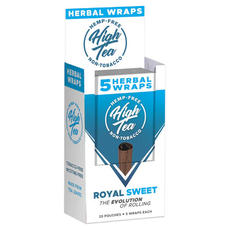 Front angled view of the High Tea Hemp-Free Herbal Wraps 25-count display carton in the blue Royal Sweets flavor. These 100% hemp and tobacco-free herbal wraps are made from a blend of yerba mate, cacao, and chamomile leaves that maintain their shape during the packing process.