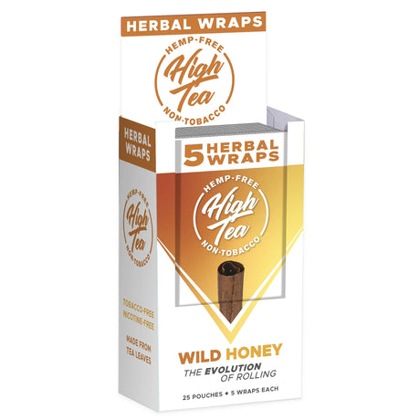Front angled view of the High Tea Hemp-Free Herbal Wraps 25-count display carton in the gold and yellow Wild Honey flavor. These 100% hemp and tobacco-free herbal wraps are made from a blend of yerba mate, cacao, and chamomile leaves that maintain their shape during the packing process.