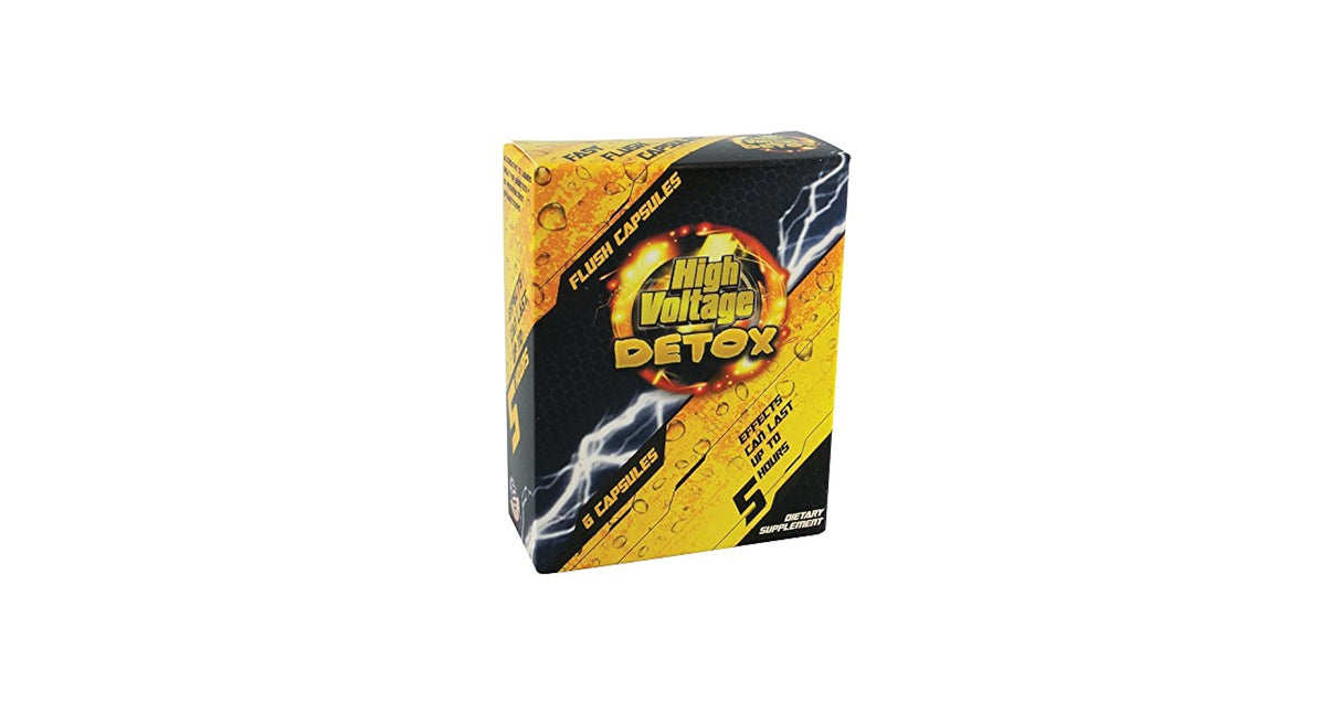 Front view of the High Voltage Detox Flush Capsules 6-Count packaging in vibrant yellow and black with a lightning bolt graphic. This fast-acting herbal supplement is formulated to quickly flush toxins and impurities from the urinary tract for a rapid same-day cleanse.