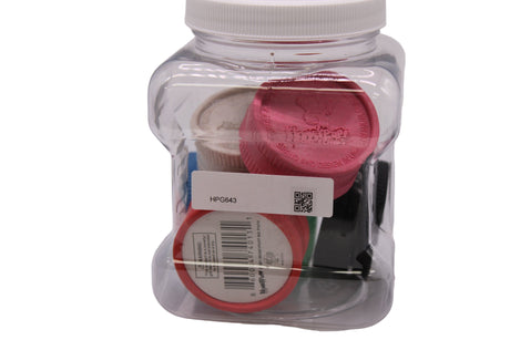 Front view of the Honeypuff 43mm hemp grinder 6-count display jar holding assorted colors. This eco-friendly, retail-ready bulk jar is perfect for smoke shop checkout counters and provides customers with a highly portable, biodegradable dry herb grinder.
