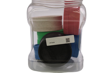Front view of the Honeypuff 56mm hemp grinder 6-count display jar holding assorted colors. This eco-friendly, retail-ready bulk jar is perfect for smoke shop checkout counters and provides customers with a durable, biodegradable dry herb grinder.
