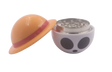 Close-up angled view of the internal cutting chamber inside the 2.6-inch Logia Devil UFO Herb Grinder. The geometrically arranged, razor-sharp metal teeth are engineered to smoothly shred dense herbs into a consistent, fluffy texture.
