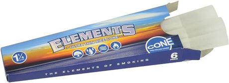 Front view of a single 6-pack of Elements 1 1/4 size rice cones in blue packaging. These pre-formed wrappers feature a run-preventing watermark and a pre-installed filter tip for a consistent burn.