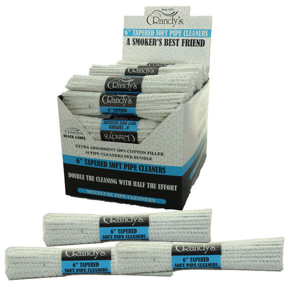 Front view of the Randy's 6-Inch Tapered Bristle Pipe Cleaners 48ct bundle wrapped in a classic white and red branded cardboard sleeve. These heavy-duty, absorbent cotton cleaners feature stiff bristles woven directly into the wire to effectively scrub and remove stubborn resin from glass and metal pipes.