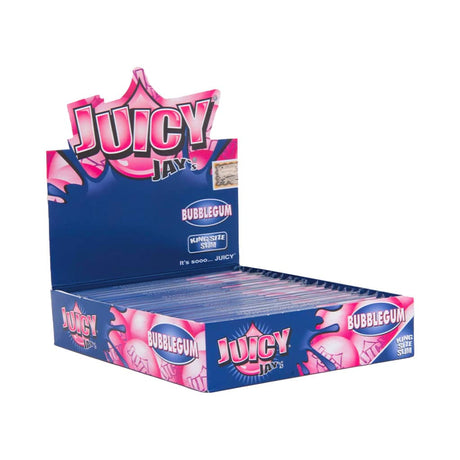 Front view of the Juicy Jay's pure rolling papers 1 1/4 size 24-pack display box in a vibrant, multi-colored aesthetic. This wholesale countertop display features a sweet variety of triple-dipped hemp papers designed to enhance your dry herb smoking sessions.