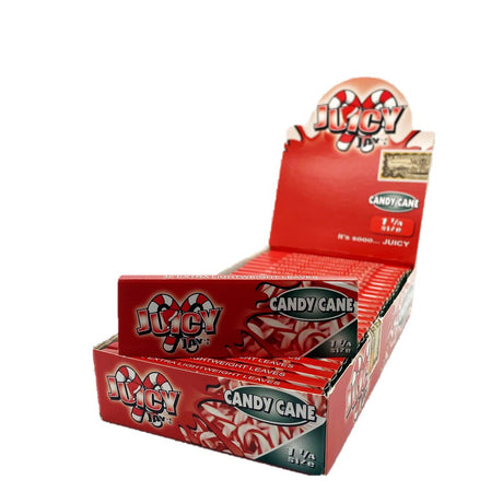 Front view of the Juicy Jay's pure rolling papers 1 1/4 size 24-pack display box in a vibrant, multi-colored aesthetic. This wholesale countertop display features a sweet variety of triple-dipped hemp papers designed to enhance your dry herb smoking sessions.